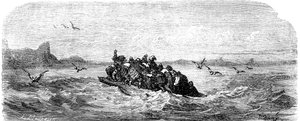 Sindbad der Seefahrer - Märchen aus Tausendundeiner Nacht - Illustration von Gustave Doré - Ausgabe Maxwell 1865 - Dritte Reise: Sindbad und seine Gefährten segeln auf einem Floß von Gustave Dore