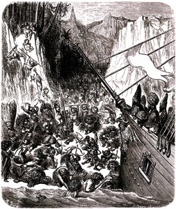 Sindbad der Seefahrer - Märchen aus Tausendundeiner Nacht - Illustration von Gustave Doré - Dritte Reise: ein Sturm wirft das Schiff von Sindbad und seinen Gefährten auf eine Insel, wo sie von einer Vielzahl winziger und abscheulicher Wesen angegriffen wer von Gustave Dore