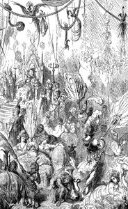 Sindbad der Seefahrer - Märchen aus Tausendundeiner Nacht - Illustration von Gustave Doré - Maxwell-Ausgabe 1865 - Sechste Reise - dieser Stich kann den Hof des Königs von Serendib oder den des Kalifen Harun al-Raschid darstellen