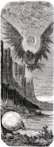 Sindbad der Seefahrer - Märchen aus Tausendundeiner Nacht - Illustration von Gustave Doré - Ausgabe Maxwell 1865 - Zweite Reise: Sindbad entdeckt auf einer Insel ein riesiges Ei des gigantischen Vogels Roc und wird von diesem Riesenangriff angegriffen