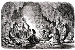 Sindbad der Seefahrer - Märchen aus Tausendundeiner Nacht - Illustration von Gustave Doré - Maxwell-Ausgabe 1865 - Erste Reise: Sindbad, von seinen Gefährten mitten im Meer verlassen, erreicht eine Insel und trifft in einer Höhle den Palefrenie