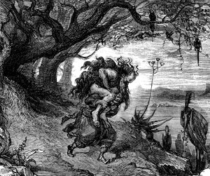 Sindbad der Seefahrer - Märchen aus Tausendundeiner Nacht - Illustration von Gustave Doré (Detail) - Maxwell-Ausgabe 1865 - Fünfte Reise: Sindbad ist gezwungen, einen alten Mann auf seiner Schulter zu tragen, der sich an ihn klammert und von dem er sich ni