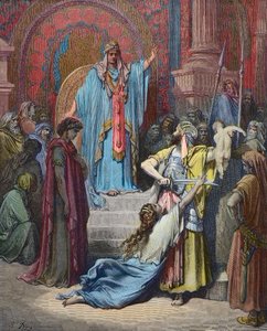 Das Urteil Salomos - Salomo spricht das Urteil, das Baby zwischen den beiden Klägerinnen zu teilen - Gravur von Gustave Doré (1832-1883) - spätere Kolorierung