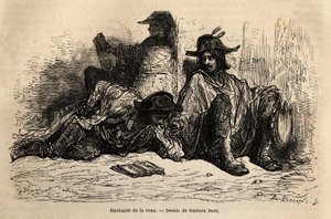 Studenten der Tuna (oder Tunantes) im Bezirk der Universität von Alcala de Henares, die Besonderheit dieser Studenten, die ein müßiges, freies und wanderndes Leben angenommen haben, ist es, nicht zu studieren, Skizze nach dem Leben von Gustave Dore. Gravur von Gustave Dore