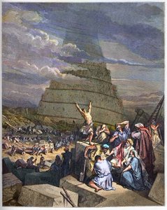 Turm von Babel - Die Turm von Babel Illustration von Genesis und Sprachverwirrung durch Yahve. Rechts diskutiert König Nimrud (oder Nimrod, Nemrod) mit den Architekten - Gravur in „The Bible illustree“ von Gustave Dore (1832-1883) - Gravur aus „The Dore Bi von Gustave Dore
