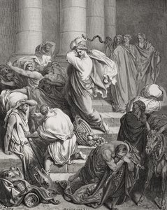 Die Käufer und Verkäufer aus dem Tempel vertrieben, Lukas 19:45-46, Illustration aus Dorés 