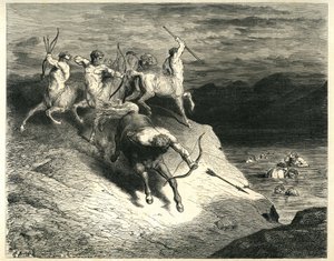 Die Kentauren schießen Pfeile auf Verdammte, die aus den Sümpfen des Styx auftauchen. Gravur aus Die Hölle von Dante Alighieri (Die Göttliche Komödie), illustriert von Gustave Doré. Französische Ausgabe von 1861