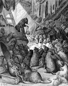 Der Rat der Ratten, aus den Fabeln von La Fontaine, graviert von Antoine Valerie Bertrand (geb. 1823) ca. 1868