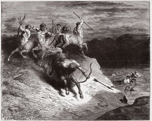 Die Göttliche Komödie, Inferno, Gesang 12: Die Zentauren greifen die Seelen im kochenden Blut an (Illustration von Gustave Doré) von Gustave Dore