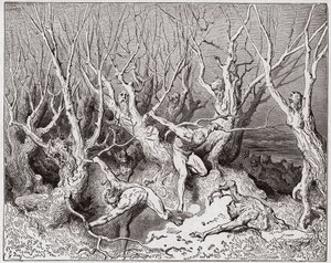 Die Göttliche Komödie (La Divina Commedia, La Divine Comedie), Inferno, Gesang 13: Die Selbstmörder fliehen den Wald - von Dante Alighieri (1265-1321) - Illustration von Gustave Dore (1832-1883) von Gustave Dore