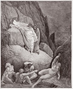Die Göttliche Komödie, Inferno, Gesang 18: Virgil zeigt Dante den Schatten von Thais (Illustration von Gustave Doré)