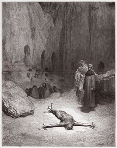 Die Göttliche Komödie, Inferno, Gesang 23: Ein gekreuzigter Pharisäer unter den Heuchlern (Illustration von Gustave Doré) von Gustave Dore