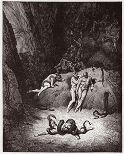 Die Göttliche Komödie, Inferno, Gesang 25: Agnello verwandelt sich in eine Schlange - von Dante Alighieri (1265-1321) - Illustration von Gustave Doré (1832-1883) von Gustave Dore