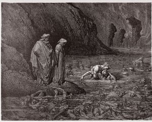Die Göttliche Komödie, Inferno, Gesang 32: Ugolino nagt am Kopf von Erzbischof Ruggieri (Illustration von Gustave Doré)