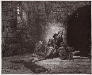 Die Göttliche Komödie, Inferno, Gesang 33: Gaddo stirbt vor den Augen seines Vaters (Illustration von Gustave Doré)