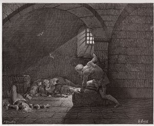 Die Göttliche Komödie, Inferno, Gesang 33: Ugolino in der Zelle mit seinen vier toten Söhnen (Illustration von Gustave Doré) von Gustave Dore