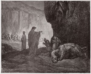Die Göttliche Komödie, Inferno, Gesang 6: Virgil füttert Cerberus im dritten Kreis (Illustration von Gustave Doré) von Gustave Dore