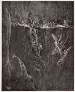 Die Göttliche Komödie, Purgatorio, Gesang 25: Virgil und Dante steigen durch Flammen in den siebten Kreis auf - von Dante Alighieri (1265-1321) - Illustration von Gustave Doré (1832-1883) von Gustave Dore