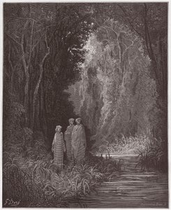 Die Göttliche Komödie (La Divina Commedia), Purgatorio, Gesang 28: Dante, Virgil und Statius im alten Wald des irdischen Paradieses - von Dante Alighieri (1265-1321) - Illustration von Gustave Doré (1832-1883)