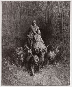 Die Göttliche Komödie, Purgatorio, Gesang 32: Der Riese und die Hure im Wagen (Illustration von Gustave Doré) von Gustave Dore