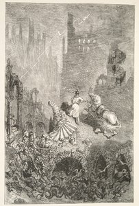 Der Untergang von König Pellams Schloss, aus Geschichten der Tage von König Artus von Charles Henry Hanson, veröffentlicht 1898 von Gustave Dore