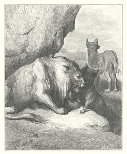 Die Fabeln von La Fontaine: Der Löwe, der Wolf und der Fuchs (Gravur) von Gustave Dore