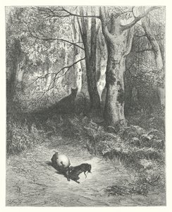 Die Fabeln von La Fontaine: Die zwei Ratten, der Fuchs und das Ei (Gravur) von Gustave Dore