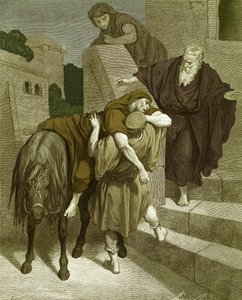 Der barmherzige Samariter im Gasthaus, von Doré - Bibel