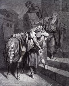Der barmherzige Samariter im Gasthaus, von Doré - Bibel von Gustave Dore
