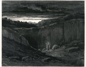 Die Hölle von Dante Alighieri (Die Göttliche Komödie) illustriert von Gustave Doré. Französische Ausgabe von 1861. Dante und Virgil am Eingang zur Hölle: „Lasciate ogni speranza, voi che 