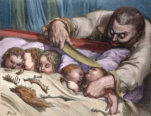 Der kleine Däumling von Charles Perrault (französischer Schriftsteller) Der Riese schnitt seinen Töchtern ohne Zögern die Kehlen durch (Gravur) von Gustave Dore