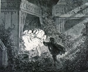 Der Prinz betritt das Schlafzimmer der Prinzessin im verzauberten Schloss, Illustration für 