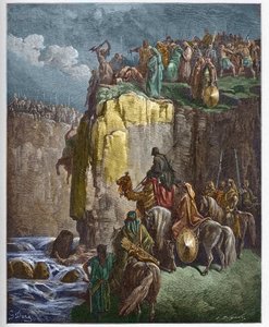 Das Abschlachten der Propheten Baals - Der Prophet Elija lässt die Priester Baals umkommen - Gravur in Die illustrierte Bibel von Gustave Doré - Gravur aus Die Doré-Bibel von Gustave Dore