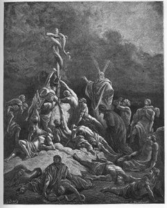 Die eherne Schlange - „Die eherne Schlange“ - Buch Exodus (Nahash), die Verwandlung des Stabes von Moses in eine Schlange - Moses und die eherne Schlange - Gravur in „Die illustrierte Bibel“ von Gustave Doré (1832-1883) - Gravur aus „Die Doré-Bibel“ von Gustave Dore
