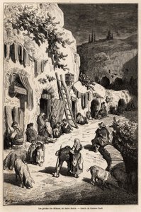 Die Höhlen (unterirdische Häuser) der Zigeuner, in Sacro Monte, in Granada. Zeichnung von Gustave Doré, zur Illustration seiner Reise nach Spanien im Jahr 1862, begleitet von Ch. Davillier. Gravur in „Le tour du monde“, herausgegeben von Edouard Charton