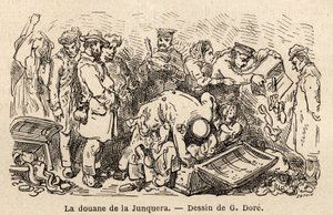 Die Bräuche der Junquera, Zeichnung von Gustave Doré, zur Illustration seiner Reise nach Spanien mit C. Davillier, 1862. Gravur in „Le tour du monde“, herausgegeben von Edouard Charton von Gustave Dore