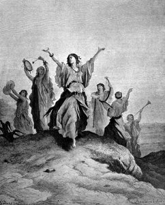 Die Tochter von Jephthah, dem Richter Israels, ging ihrem Vater entgegen. Illustration von Gustave Doré. Gravur des 19. Jahrhunderts von Gustave Dore
