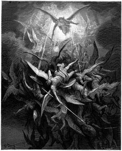 Der Sturz der Engel, Illustration von Gustave Doré für "Das verlorene Paradies" von John Milton (1608-1674). Gravur von 1866. Private Sammlung von Gustave Dore