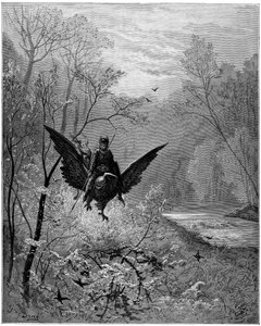 Der Hippogreif, bestiegen vom Ritter Ruggiero, erreicht eine lachende Region - Gravur von Gustave Doré zur Illustration von „Der rasende Roland“ von Ludovico Ariosto von Gustave Dore