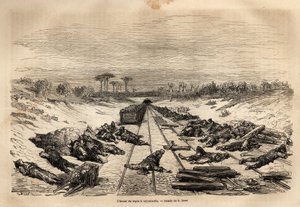 Die Ruhepause in Argamasilla, die vielen Eisenbahnarbeiter liegen auf den Gleisen und ruhen sich in der prallen Sonne aus. Gravur zur Illustration der Reise nach Spanien von Gustave Doré (1832-1883) Illustrator und Baron Ch. Davillier Redakteur, 1862, verö von Gustave Dore