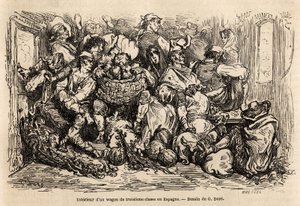 Das Innere eines Waggons dritter Klasse in Spanien, Zeichnung von Gustave Doré, zur Illustration seiner Reise nach Spanien mit C. Davillier im Jahr 1862. Gravur in „Le tour du monde“, herausgegeben von Edouard Charton