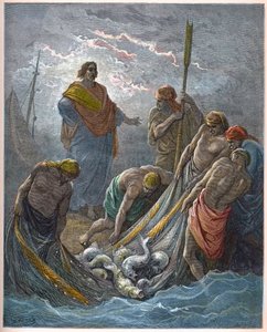 Der wunderbare Fischfang - Wunderbares Fischen - Gravur in „Die illustrierte Bibel“ von Gustave Doré (1832-1883) - Gravur aus „Die Doré-Bibel“. von Gustave Dore