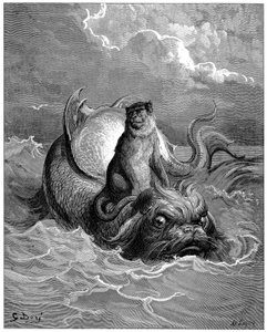 Der Affe und der Delfin: Fabel, Fabeln von Jean de La Fontaine. Illustration von Gustave Doré. von Gustave Dore