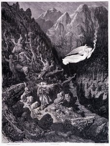 Der alte Mann mit Geldbeutel und Stock, der in einer feindlichen Landschaft geht, wird von einem Engel mit einer Feuerlanze überragt, Tafel VII - Illustration von Gustave Doré für La légende du Juif errant von Pierre Dupont von Gustave Dore