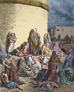 Das Volk Israel trauert über Jerusalem - Altes Testament - Klagelieder Jeremias - Das Volk weint in den Ruinen Jerusalems - Gravur von Gustave Doré - spätere Kolorierung