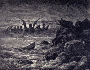 Der Prophet Daniel sieht Monster erscheinen: Haniel, Kafziel, Azriel, Aniel. Gravur aus der Bibel illustriert von Gustave Doré. 19. Jahrhundert von Gustave Dore