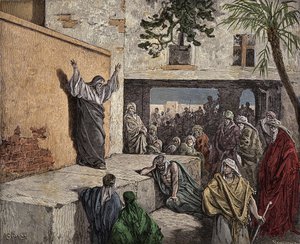 Der Prophet Micha ermahnt das Volk Israel zur Buße. Gravur aus 