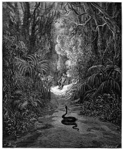 Die Schlange nähert sich Adam und Eva. Illustration von Gustave Doré für „Das verlorene Paradies“ von John Milton (1608-1674). Stich von 1866. Private Sammlung