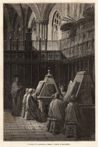 Das Studium der Psalmen durch den Chor der Kathedrale Santa Maria de Burgos (15. Jahrhundert), dessen Gottesdienst die Besonderheit hat, seit dem 17. Jahrhundert von fünf verschiedenen Chören gesungen zu werden. Zeichnung von Gustave Doré (1832-1883). Grav von Gustave Dore