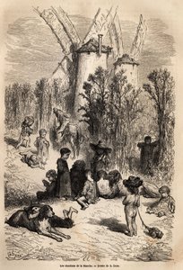 Die Disteln des Kanals, am Fuße der Mühlen, die Don Quijote lieb sind, mit der Darstellung eines Windhundes, einer in der Region sehr häufigen Hunderasse (die Figur des immer hungrigen Galgo corredor in Don Quijote) und einer Menge bettelnder Kinder, wahre von Gustave Dore